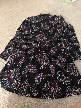 LOFT size 14 Black Paisley Long-Sleeve Dress with Purple and Pink Accents
